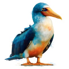 Fototapeta premium A vibrant blue-footed booby bird stands majestically against a white background showcasing detailed plumage and realistic features in a watercolor