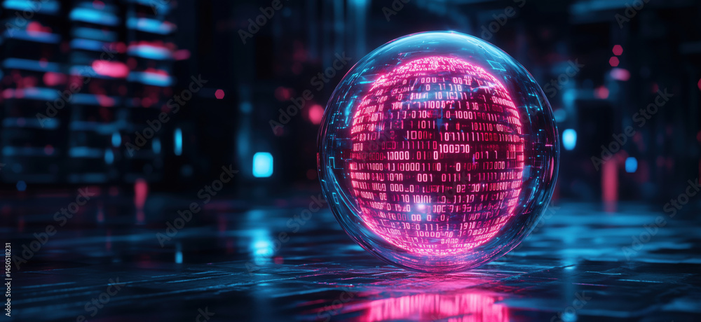 Poster futuristic digital sphere with binary code glowing in neon colors.