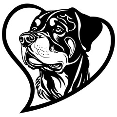 Rottweiler Dog, Head in Heart , Hand Drawn Vector Illustration