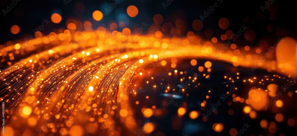 Poster glowing orange particles and light trails creating dynamic abstract background.