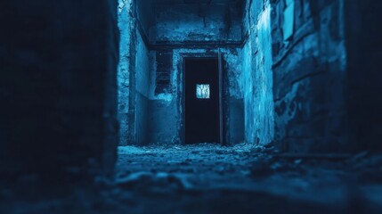 Dark blue hallway in abandoned building