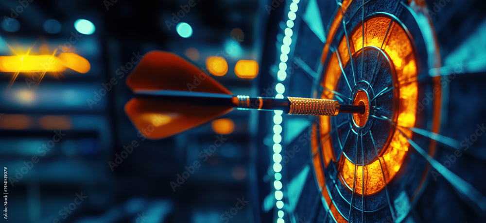 Poster dart hitting bullseye on illuminated dartboard in vibrant game room setting.