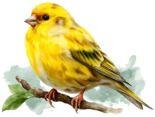 A vibrant yellow bird with green accents perches on a small branch against a soft watercolor background.