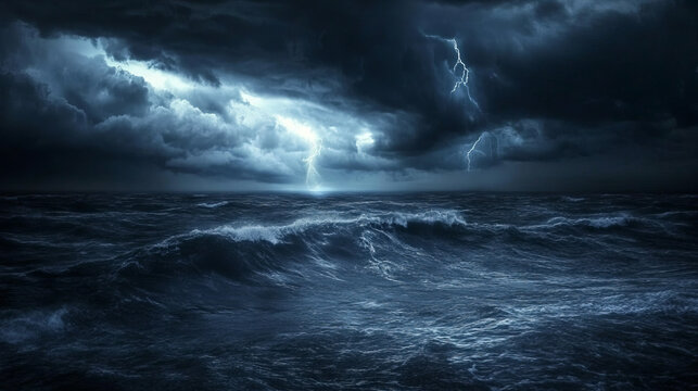 A dark stormy night over the ocean with storm clouds blocking the moonlight and churning waves weather anger sadness depression mental illness sense of loss concepts danger background with copy space - Powered by Adobe