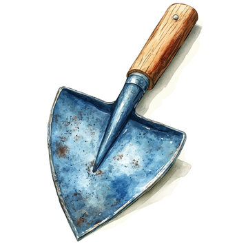 watercolor blue garden trowel with wooden handle clip art preview