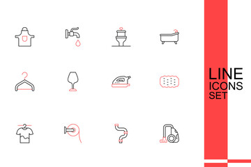 Set line Vacuum cleaner, Industry metallic pipe, Toilet paper roll, Drying clothes, Sponge, Electric iron, Wine glass and Hanger wardrobe icon. Vector