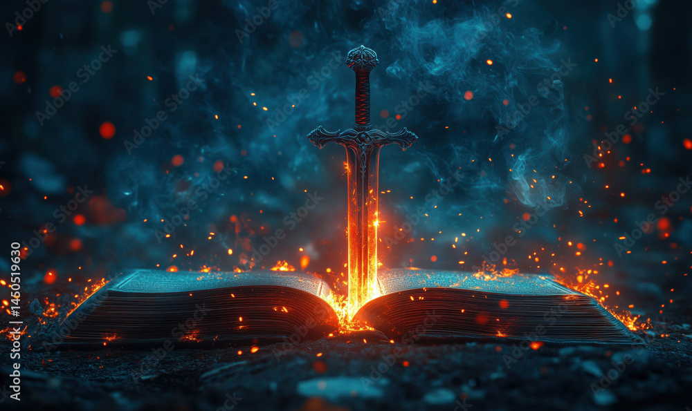 Poster sword emerging from burning book in mystical forest setting with glowing embers.