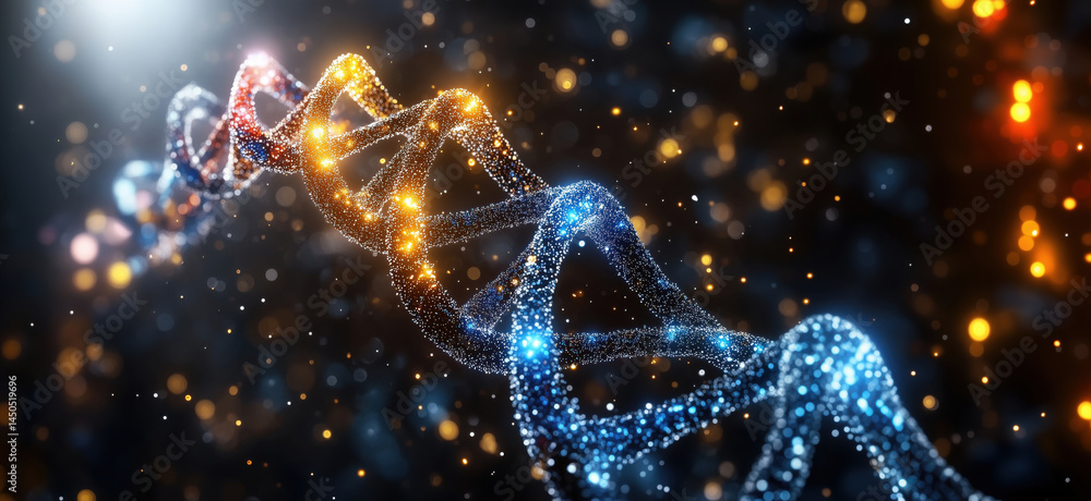Poster colorful dna helix with sparkling particles representing genetic structure and science.