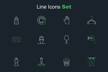 Set line Drying clothes, Trash can, Rubber cleaner for windows, Bottle detergent, Toilet paper roll, Wine glass, bowl and Sponge icon. Vector