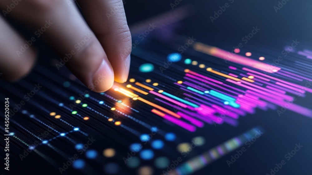 Poster finger touching glowing data lines interactive display
