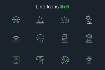 Set line Skull, Eye, Shirt with skull, Tombstone RIP written, Bottle potion, and Happy Halloween holiday icon. Vector