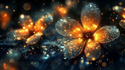 Luminous flowers glistening with dew