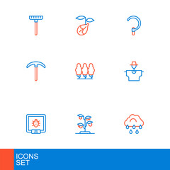 Set line Cloud with rain, Sprout, Colorado beetle, Scarecrow, Pickaxe, Fruit trees, Sickle and icon. Vector