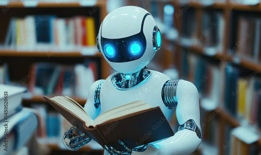 Poster robot reading book in library showcasing advanced technology and artificial intelligence.