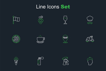 Set line French man, Roman army helmet, Perfume, Ice cream in waffle, Scooter, Carnival mask, Coffee cup and Pizza icon. Vector