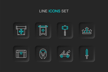 Set line Medieval sword, catapult, helmet, Antique treasure chest, King crown, Battle hammer, flag and Crusade icon. Vector