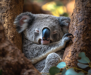 Obraz premium relaxed koala drowsing between tree trunks,