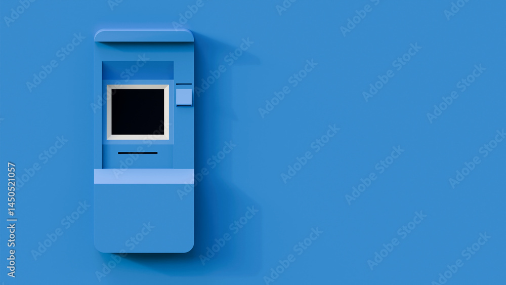 Poster 3d rendering illustration of he atm machine isolated with copy space on a blue background. minimal 3