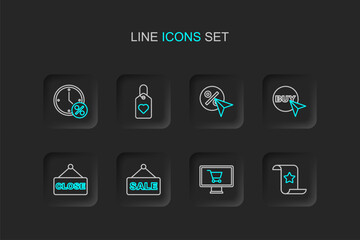 Set line Paper check and financial check, Shopping cart on monitor, Hanging sign with text Sale, Closed, Buy button, Discount percent tag, Heart and Clock discount icon. Vector