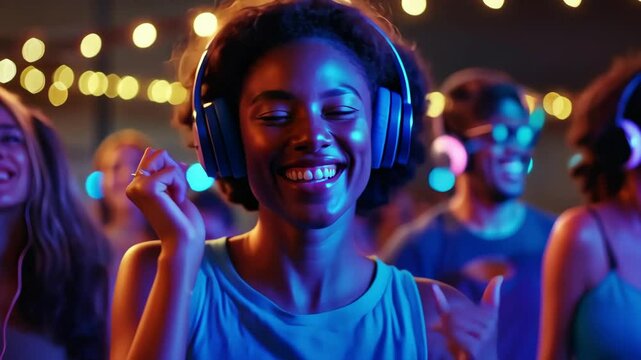 A joyful woman with headphones dances in a vibrant, energetic crowd.