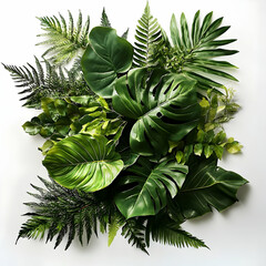 Overhead view of assorted green leaves on white background natural foliage arrangement