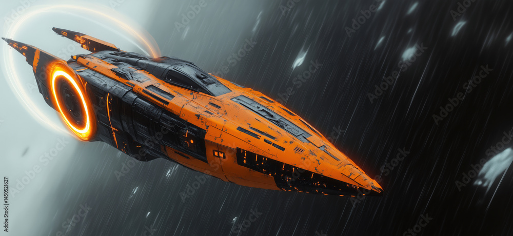 Poster futuristic orange spaceship navigating through dark space with glowing ring effect.