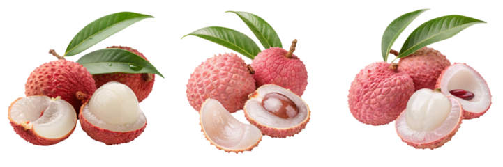 Set of fresh lychee with some peeled cut out isolated on a transparent background.