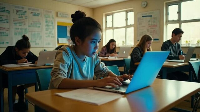 The girl focused intently on her laptop in class, taking notes and engaging with the lesson.