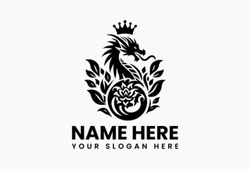 Elegant fantasy dragon logo with crown and floral decorations in vector format, isolated on white background for royal and mythical branding applications