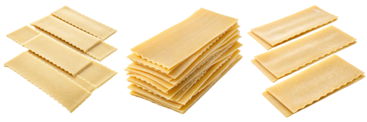 Set of lasagna pasta sheets isolated on a transparent background.
