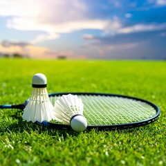 Badminton Racket and Shuttlecock on Green Grass – Outdoor Sports Concept AI Image
