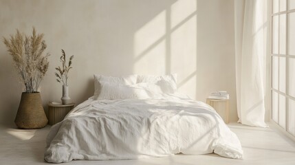 Sunlight streams into a minimalist bedroom.