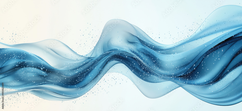 Poster flowing blue waves with sparkling particles creating a serene abstract background.