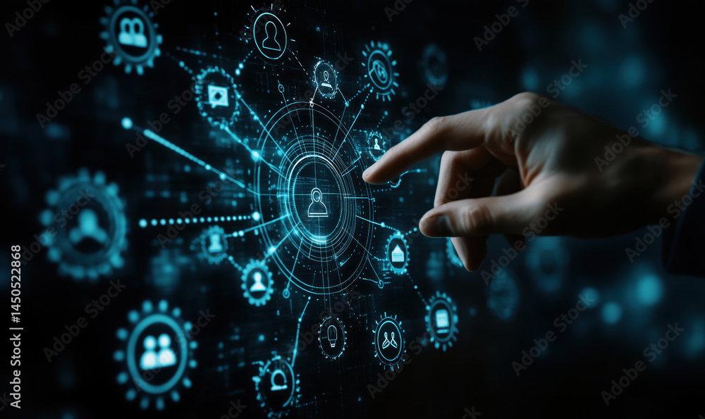 Poster digital interface with user icons and data connections for technology interaction.