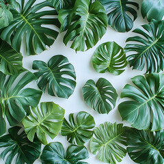 Overhead view of vibrant green tropical leaves arranged against a white background