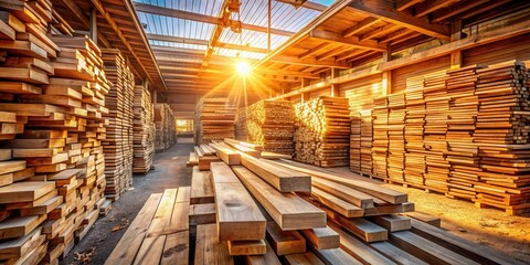 A warehouse full of stacked wooden planks, bathed in the warm golden light of the setting sun, creating a beautiful and inviting atmosphere.