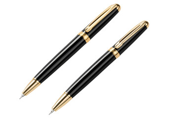 Two luxury ballpoint pens, one with gold trim and the other in black wood, isolated on a transparent  background
