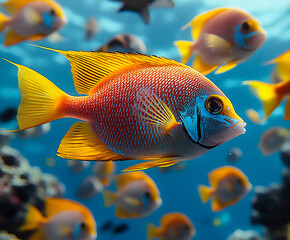 Obraz premium school of colorful tropical fish swimming in blue ocean,