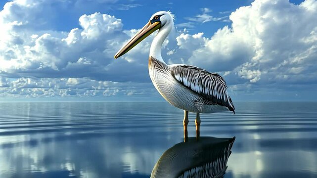 Majestic pelican standing in tranquil waters under vibrant cloudy sky