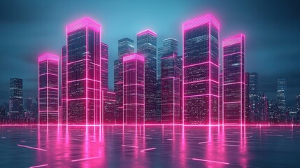 Neon lit skyscrapers against a blue city skyline