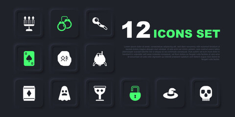Set Witch hat, Skull, Magic runes, Open padlock, Playing cards, Ghost, Handcuffs and Medieval goblet icon. Vector