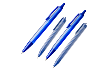 Three blue ballpoint pens on a transparent background