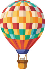 Fototapeta premium A colorful hot air balloon icon floating above rolling hills under a clear blue sky