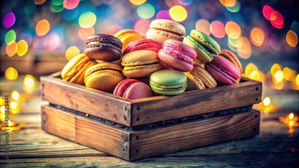 Poster A Rustic Wooden Crate Filled with Colorful Macarons, Illuminated by a Festive Glow of Lights