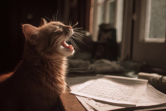 Ginger cat yawning widely in a dimly lit room.