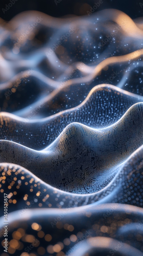 Poster elegant abstract waves illustrate ai data flow with silver and dark blue tones featuring fluid golde