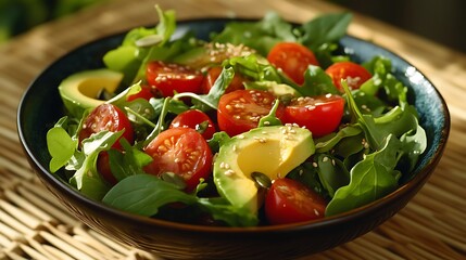 Freshly prepared salad of mixed greens and avocado.