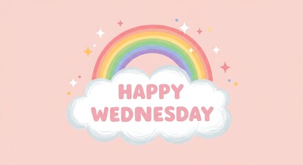 Cute pastel rainbow with cloud and sparkling stars illustration on pink background featuring cheerful “Happy Wednesday” greeting in playful typography

