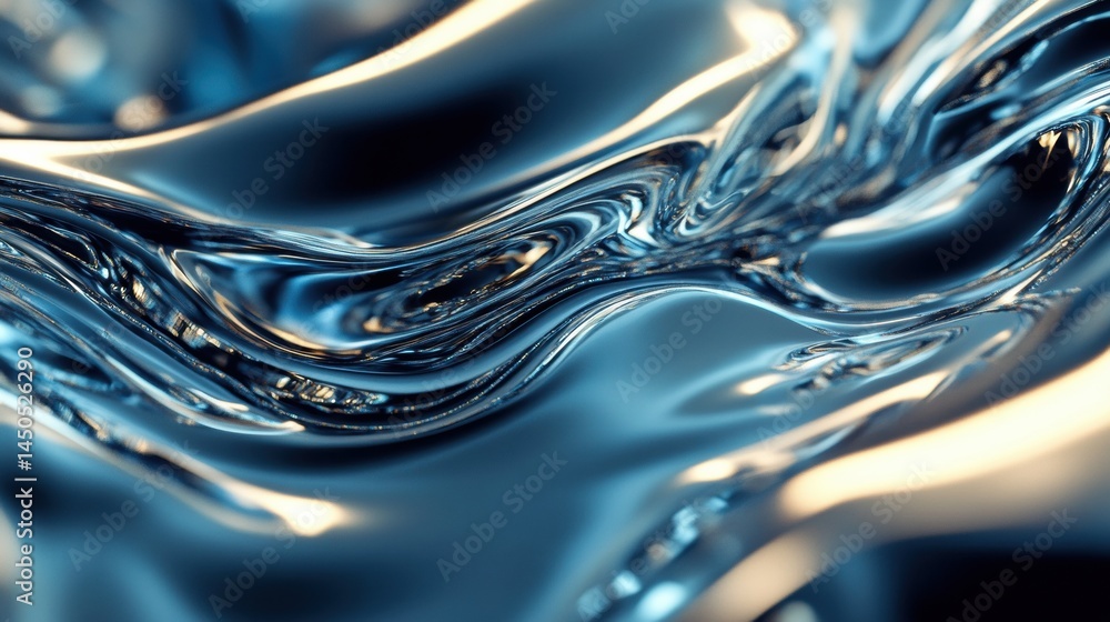 Poster elegant abstract waves in silver and dark blue tones depicting ai data flow with fluid movement and 