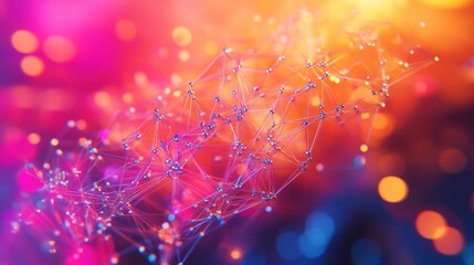 Design Background With Abstract Network of Neon Glowing Nodes and Connections in Blue, Pink, and Orange Depicting Technology and Connectivity